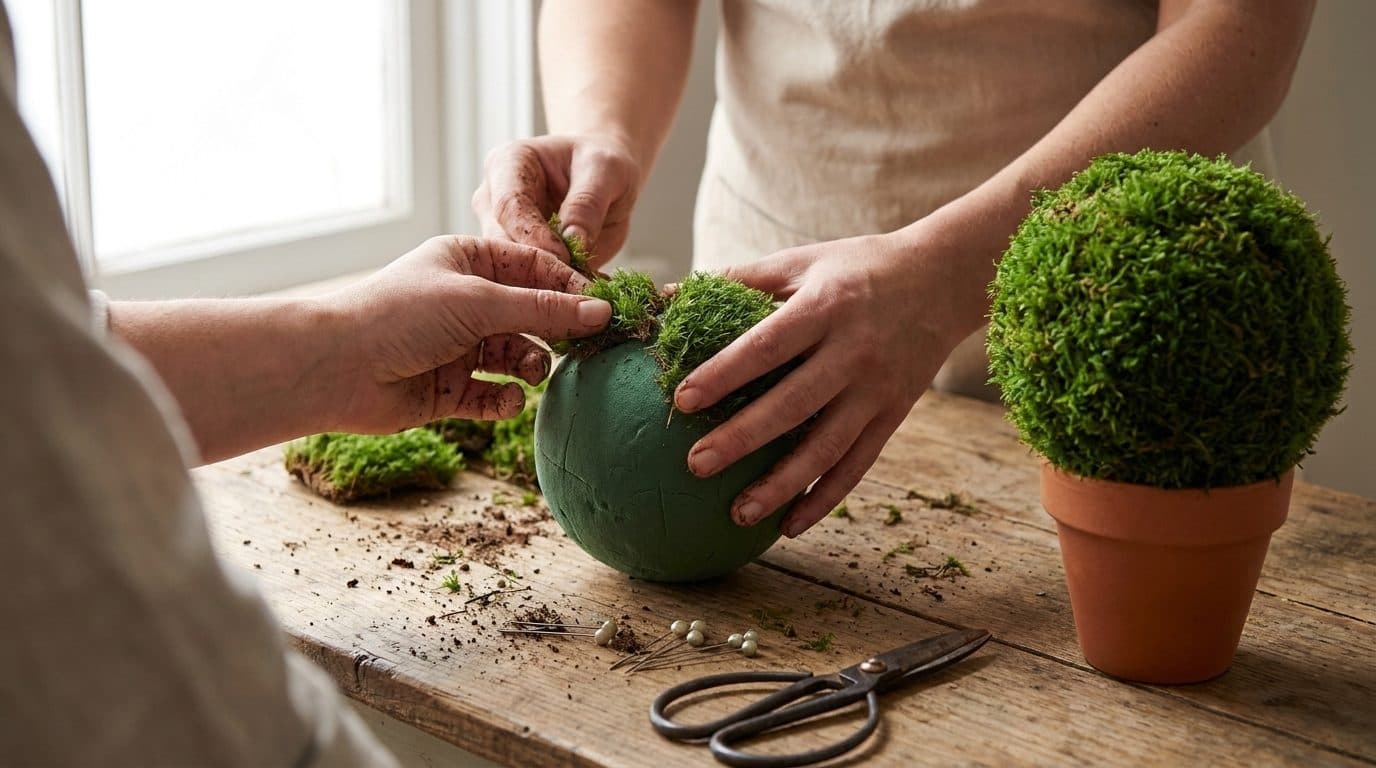 Pressing preserved moss onto a foam ball to make a moss topiary