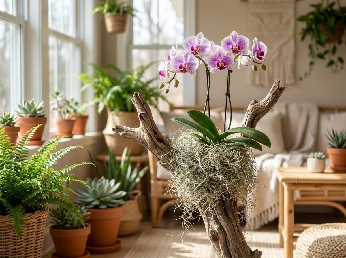 Orchid mounted on driftwood with Spanish moss at its roots